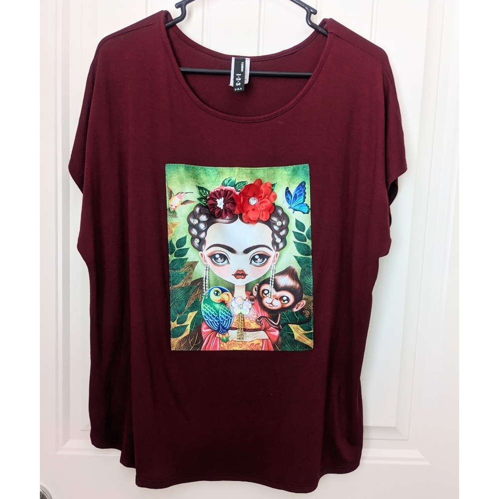 NWOT Frida Kahlo Character Embellished T-shirt